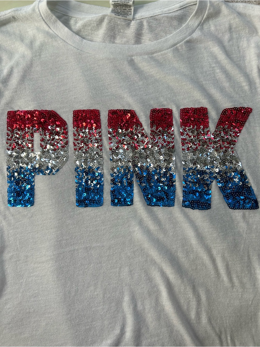 PINK Victoria's Secret WomensWhite Tee with Red, Silver & Blue Sequins